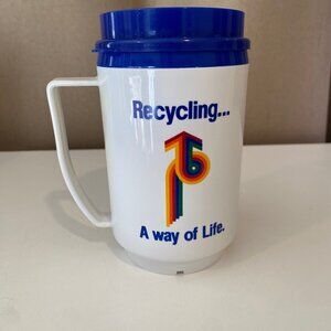 Vintage IBM‎ Recycling Mug Plastic Travel Cup Blue Lid Retro 80s